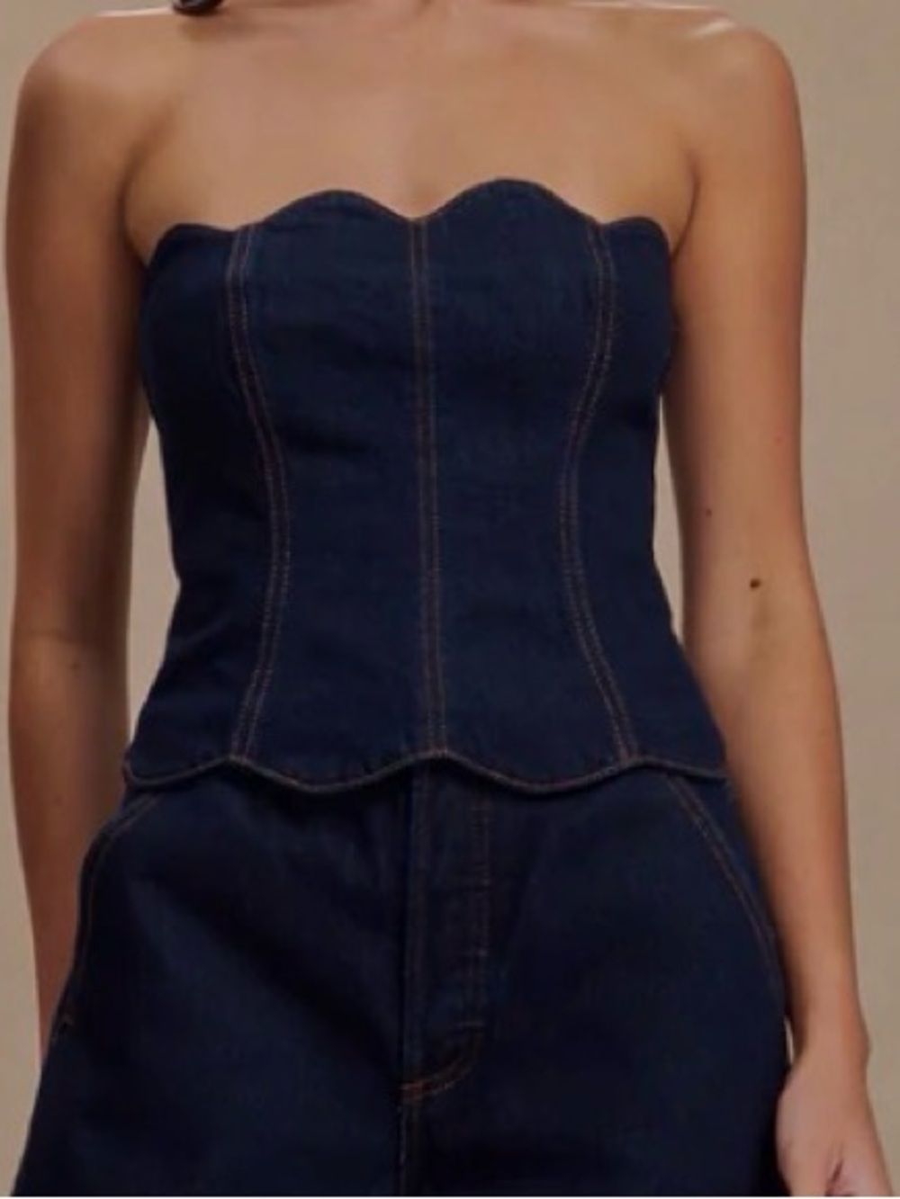 Meshki Oakley Strapless Scallop Denim Top Indigo Blue Size Small